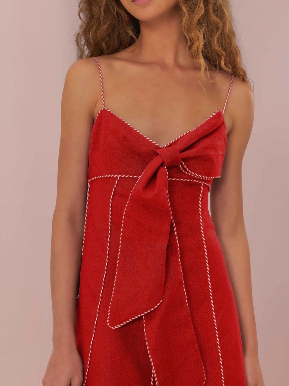 NWT FARM Rio Red Front Bow Linen Midi Dress Dark Red Size M MSRP $270 - Picture 3 of 6